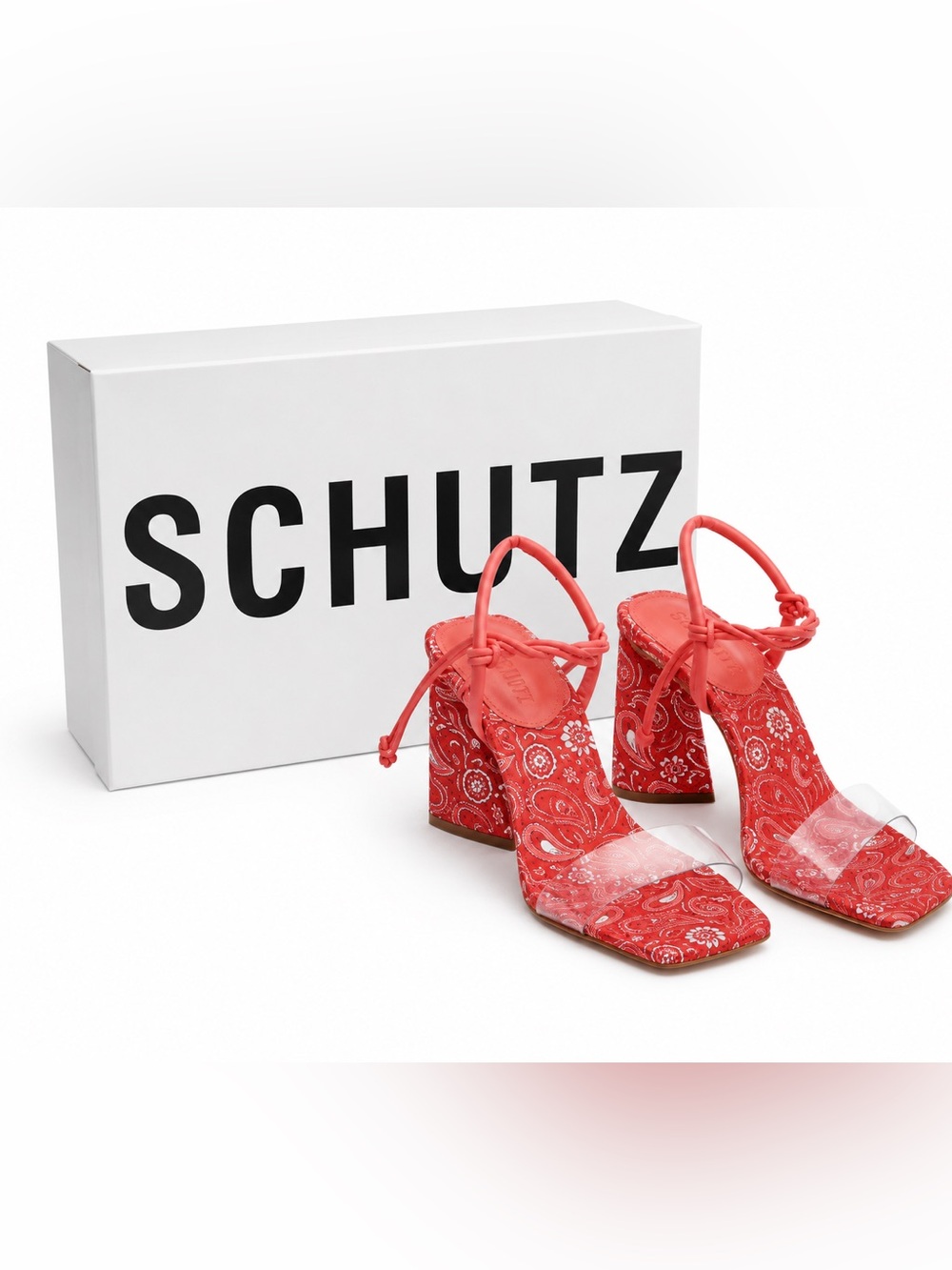 SCHUTZ Mayla Red Paisley Block Heel Sandals with Clear PVC Toe Strap NIB